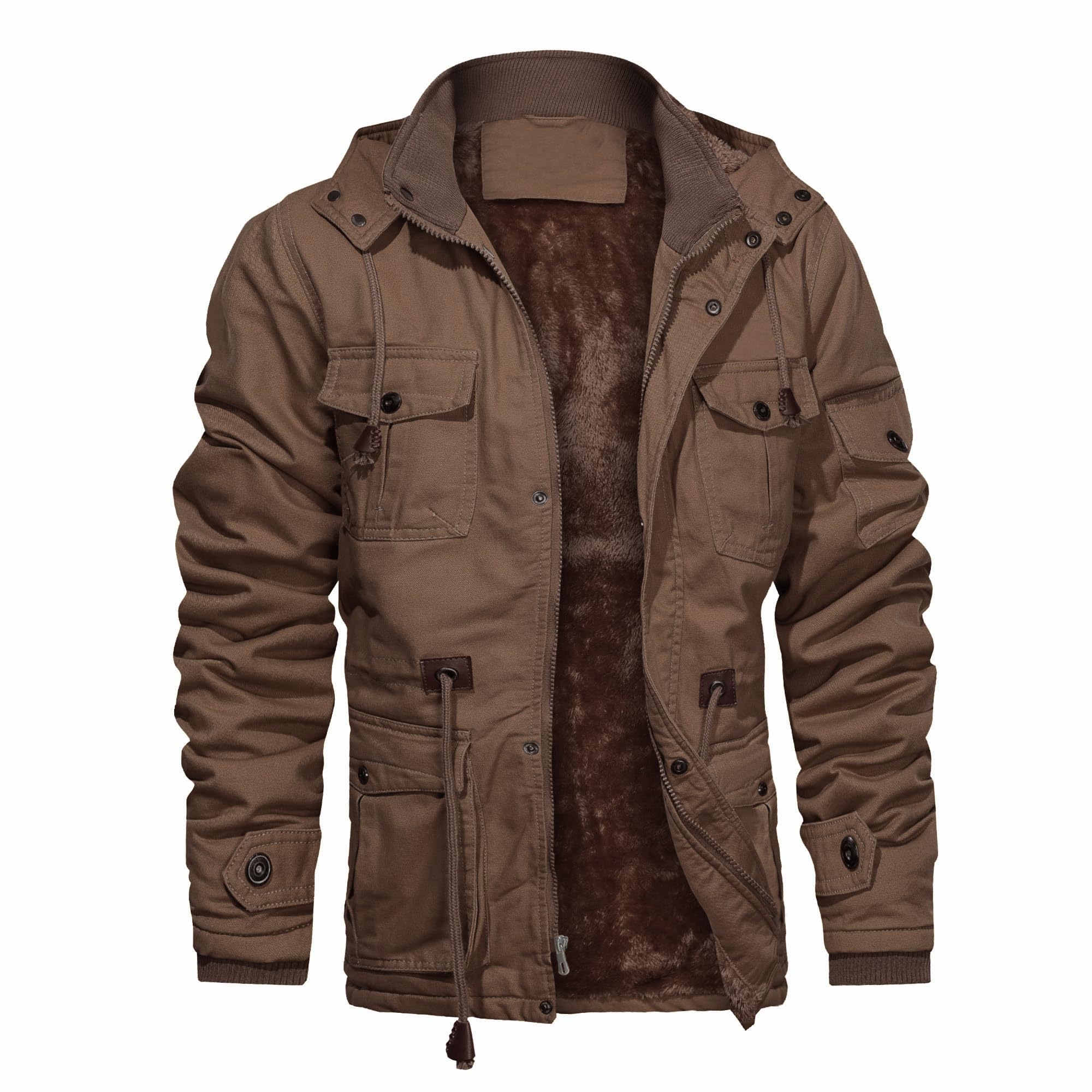 CHEXPEL Men's Thick Winter Jackets with Hood, Fleece Lining, Cotton Military Work Jackets with Cargo Pockets, Outwear